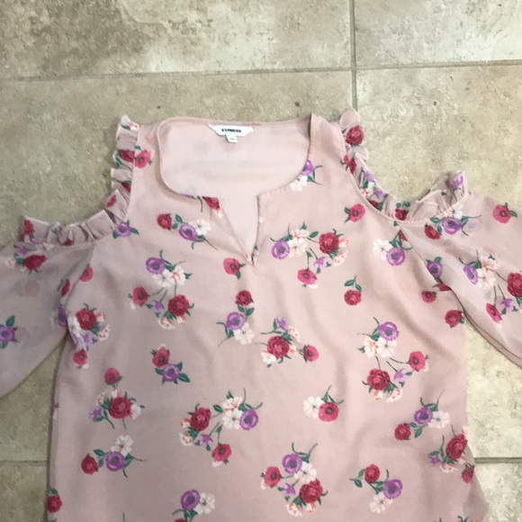 EUC! Express cold shoulder size medium bell sleeve light pink blouse. - Picture 2 of 7